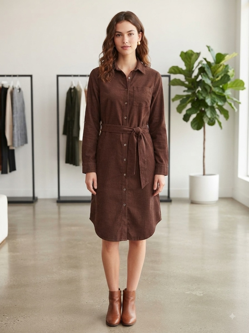 Adrienne Vittadini Long Sleeve Corduroy Button-Front Shirt Midi Dress with Belt